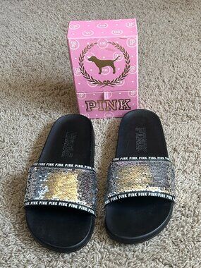 Pink Victoria's Secret Silver Sequin Slides Size L